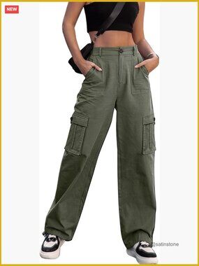 High Waisted Cargo Pants Wide Leg Combat Trousers 6 Pockets